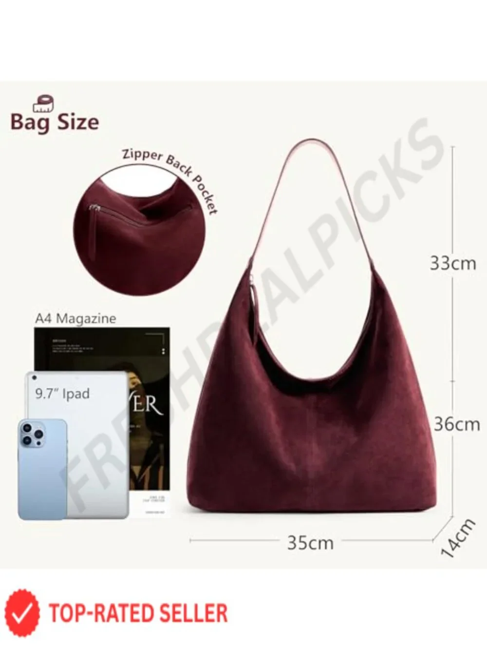 Slouchy Hobo Bag Faux Suede Leather Zipper Tote 14L Vegan Leather Shoulder